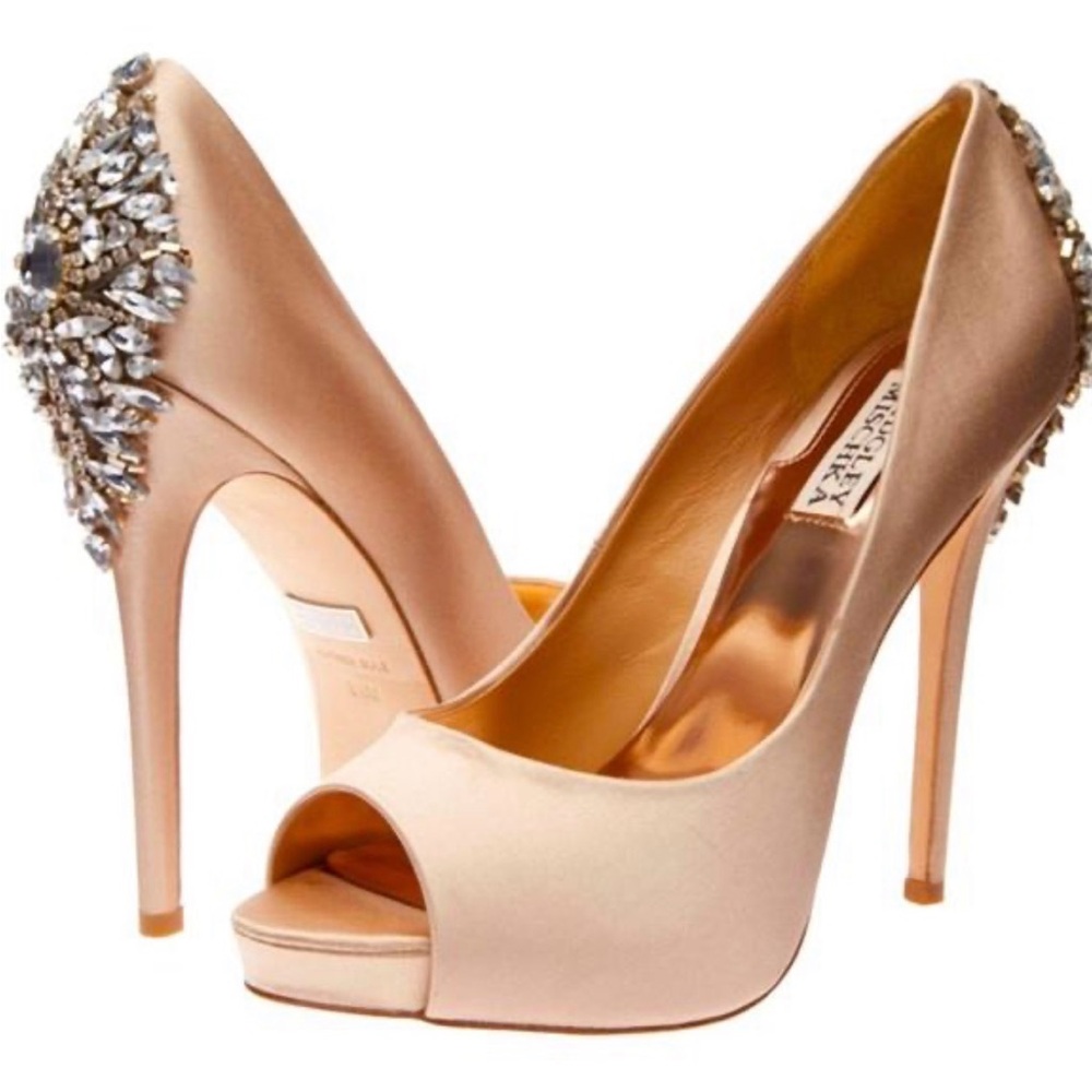 Badgley Mischka Blush Satin Crystal-Heel Peep-Toe Pumps